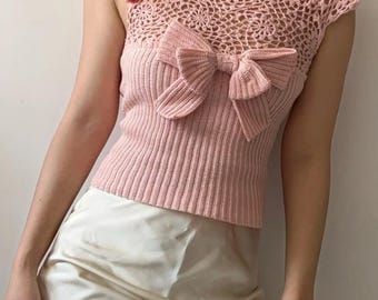 Original Design｜Crochet Bow Top Pattern, Pink Openwork Design (Pdf Diagram S Size)