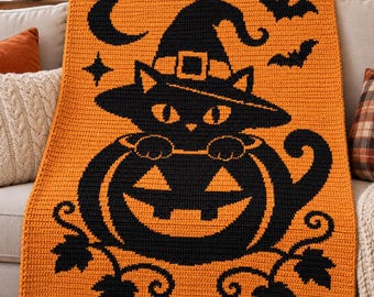 Halloween Witch Cat C2C Crochet Pattern PDF, Pumpkin Cat Blanket Graphgan, Spooky Halloween Afghan Pattern, Black Cat Crochet Chart