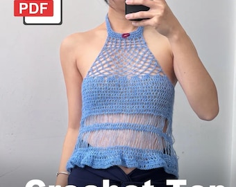 Halter Top Summer Crochet Pattern PDF with Video, Summer Openwork Camisole PDF, Women DIY Tank Top Tutorial, Ruffle Beach Top for All Sizes
