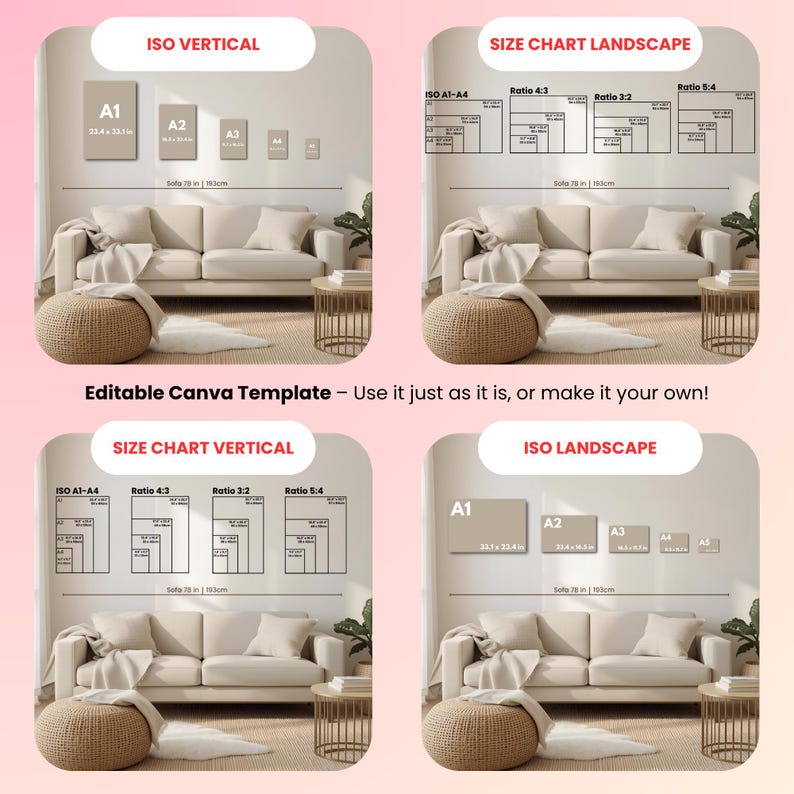 Editable Wall Art Size Guide – Warm Neutral Living Room Mockup for Etsy ...