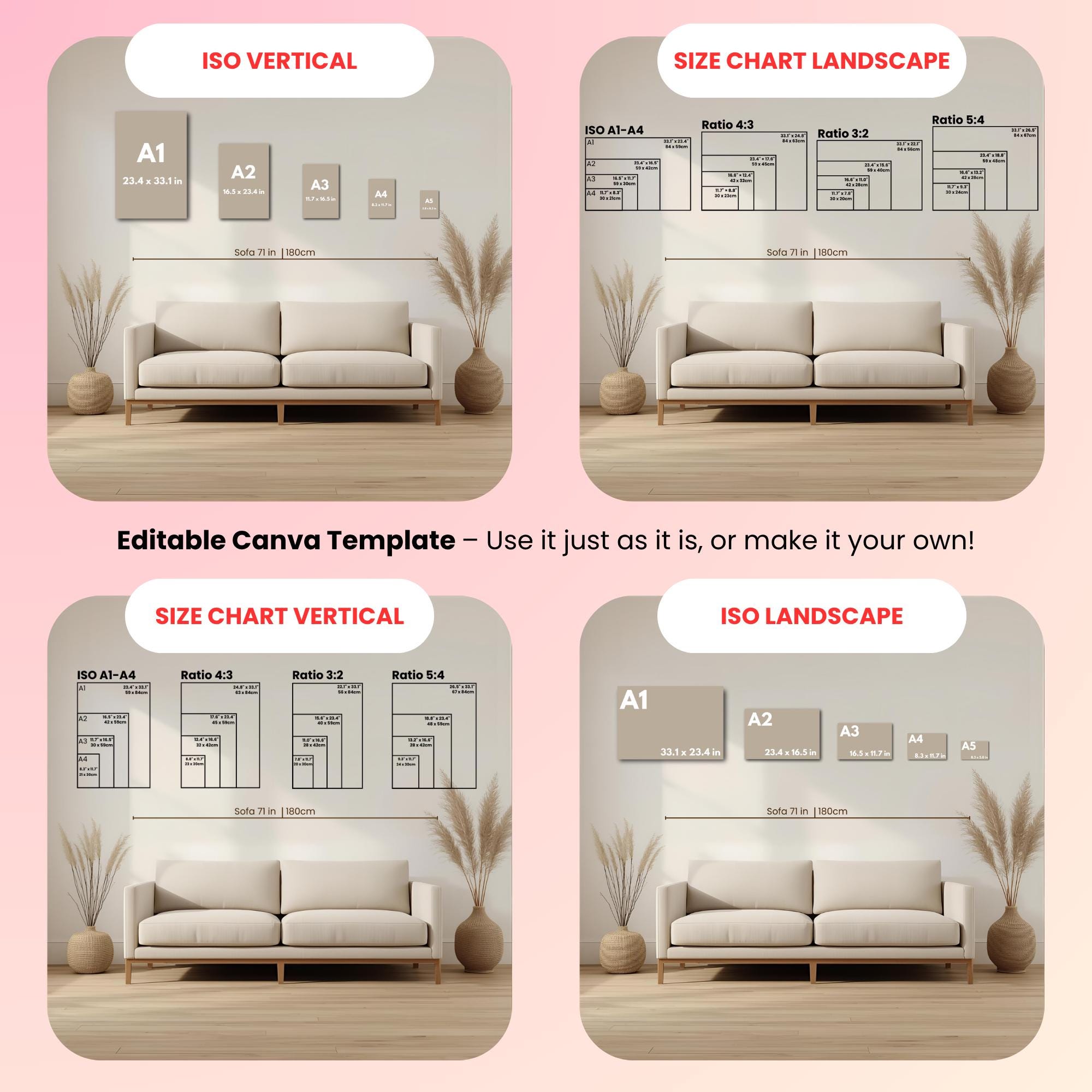 Editable Wall Art Size Guide – Modern Minimal Living Room Mockup for ...