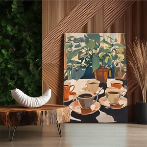 May include: An artistic painting depicts a still life with coffee cups and a potted plant. The cups are arranged on a table, with a plant in a terracotta pot in the background. The color palette includes shades of orange, brown, and green.