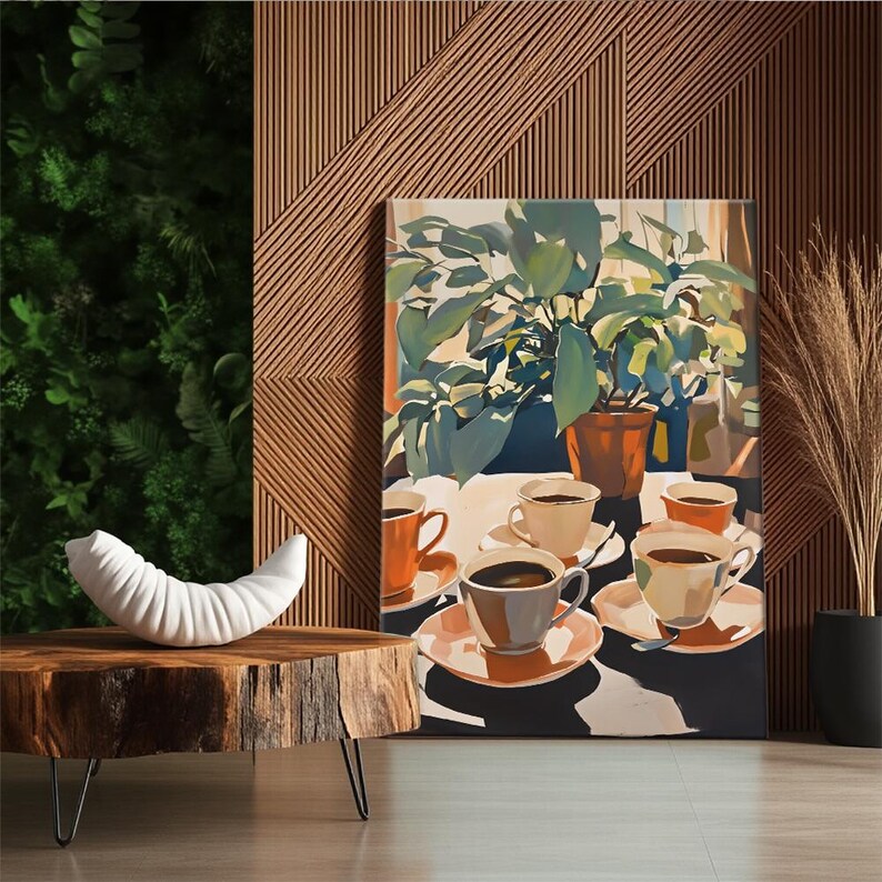 May include: An artistic painting depicts a still life with coffee cups and a potted plant. The cups are arranged on a table, with a plant in a terracotta pot in the background. The color palette includes shades of orange, brown, and green.
