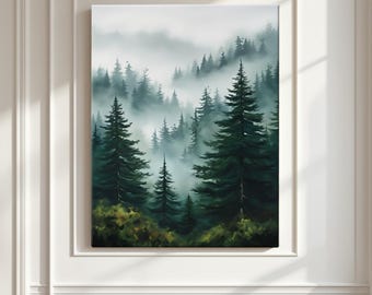 Misty Pine Forest Framed Decorative Painting Poster for Bedroom, Foggy Mountain Tree Print, Serene Nature Wall Art Gift, Spa Center Decor