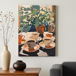 May include: A canvas print depicts a still life scene with coffee cups and a potted plant. The cups, filled with dark liquid, sit on saucers. The plant has large green leaves. The color palette includes orange, brown, and white.