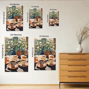 May include: A set of canvas art prints featuring a still life scene with coffee cups, saucers, and a potted plant. The prints are available in various sizes, including 16x24 inches, 12x18 inches, 8x12 inches, 24x36 inches, and 20x30 inches.