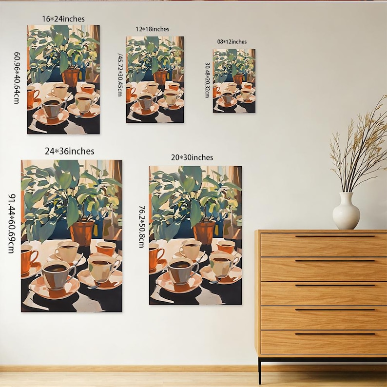 May include: A set of canvas art prints featuring a still life scene with coffee cups, saucers, and a potted plant. The prints are available in various sizes, including 16x24 inches, 12x18 inches, 8x12 inches, 24x36 inches, and 20x30 inches.