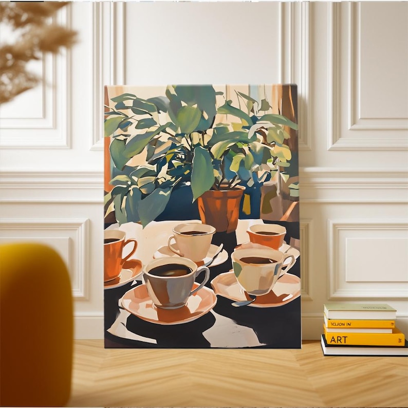 May include: A canvas art print depicts a still life scene with coffee cups, saucers, and a potted plant. The artwork features a palette of orange, brown, and green hues, with a focus on the interplay of light and shadow. The painting is displayed on a wooden floor.
