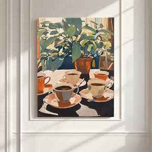 May include: An oil painting depicts a still life with coffee cups and a potted plant. The cups are filled with dark liquid and rest on saucers. The plant has large green leaves. The color palette includes shades of orange, brown, and green.