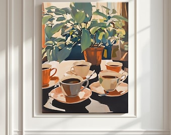 Afternoon Coffee Cups with Potted Plant Framed Decorative Painting for Kitchen, Canvas Poster, Oil Painting Style, Cozy Wall Art Gift