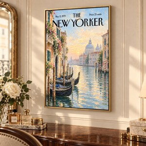 May include: A framed wall art print of a May 12, 1979 The New Yorker magazine cover featuring an oil painting of Venice, Italy. The scene depicts gondolas moored along a canal with historic buildings, floral balconies, and a domed church.