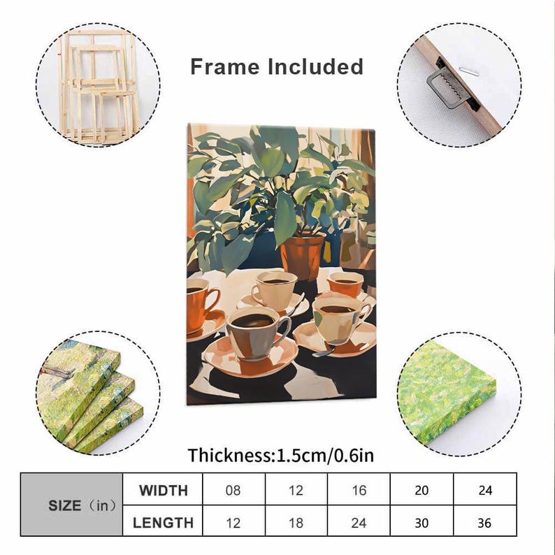 May include: A framed canvas art print featuring a still life scene with coffee cups, saucers, and a potted plant. The artwork has a warm color palette with shades of brown, orange, and green. The canvas thickness is 0.6 inches. The text "Frame Included" is visible.