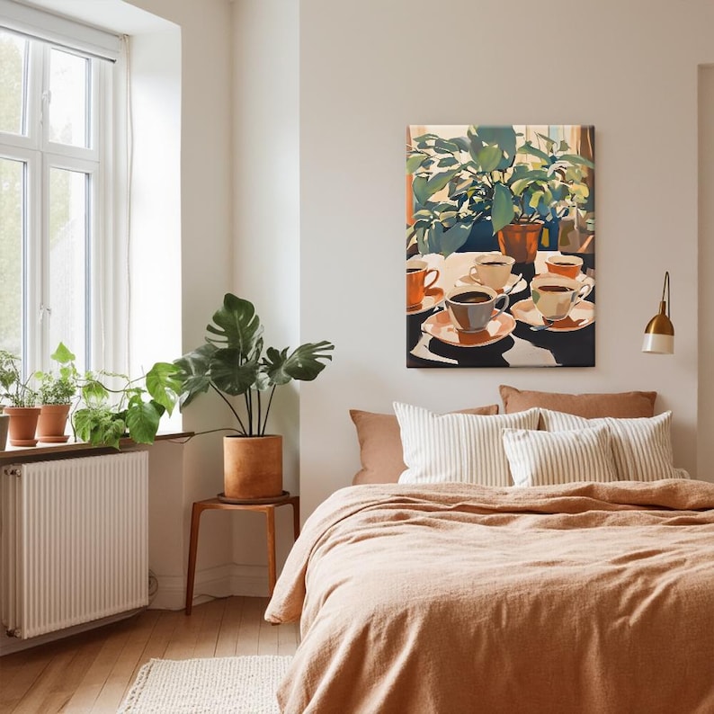 May include: A bedroom scene with a bed covered in a rust-colored blanket and pillows. A painting of coffee cups and plants hangs above the bed. A potted plant sits on a wooden table, and more plants are on a windowsill.