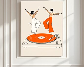 Two Women Dancing on Turntable Framed Decorative Painting for Living Room, Turntable Art, Retro Girl Power Wall Art Gift, Gift for Friends