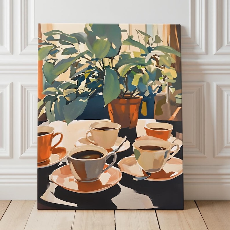 May include: An artistic painting depicts a still life with coffee cups and a potted plant. The cups, in shades of orange, gray, and cream, sit on saucers. The plant has large green leaves. The background suggests a window with sunlight.