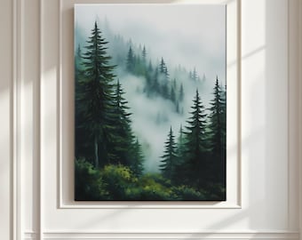 Misty Pine Forest Framed Decorative Painting for Bedroom, Forest Canva Poster, Moody Forest Art, Serene Nature Wall Art , SPA Center Decor