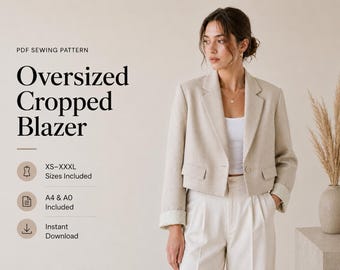 Schnittmuster für einen Oversized-Cropped-Blazer (PDF) | Damen-Kastigschnittmuster | Kurze, taillierte Anzugjacke | Sofort-Download (A4/A0) | Größen XS–XXXL