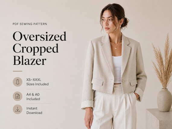 Oversized Cropped Blazer Sewing Pattern PDF | Women’s Jacket | XS-XXXL