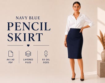 Schnittmuster für einen marineblauen Bleistiftrock (PDF) | Midirock mit hohem Bund, Größen XS-3XL | A0/A4-Lagen