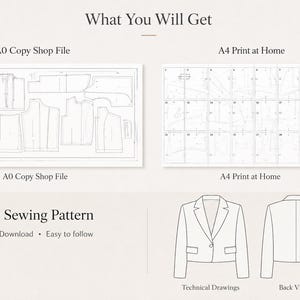 May include: A PDF sewing pattern featuring an A0 copy shop file, an A4 print at home file, and technical drawings showing the front and back view of a blazer. The text includes What You Will Get, A0 Copy Shop File, A4 Print at Home, and PDF Sewing Pattern.