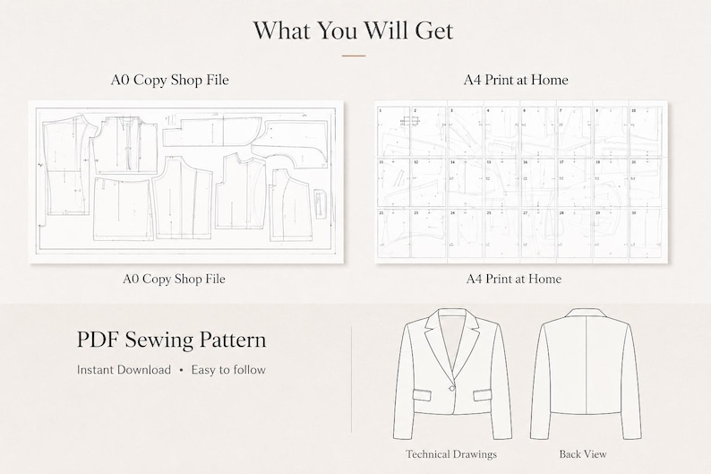 May include: A PDF sewing pattern featuring an A0 copy shop file, an A4 print at home file, and technical drawings showing the front and back view of a blazer. The text includes What You Will Get, A0 Copy Shop File, A4 Print at Home, and PDF Sewing Pattern.