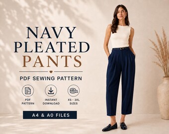 Schnittmuster für marineblaue Faltenhose, hochtaillierte, schmal zulaufende Hose (PDF), Größen XS–3XL