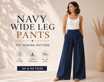 Schnittmuster für eine marineblaue Hose mit weitem Bein | Hose mit hohem Bund und Falten (PDF-Download)