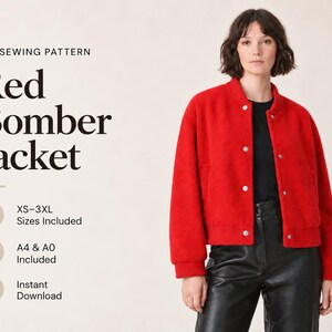 May include: A PDF sewing pattern for a red bomber jacket. The text reads: PDF SEWING PATTERN, Red Bomber Jacket, XS-3XL Sizes Included, A4 & A0 Included, Instant Download. The jacket features a ribbed collar, cuffs, and silver snap buttons.