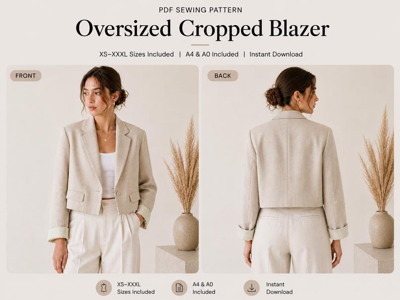 May include: A PDF sewing pattern for an oversized cropped blazer. The blazer is beige with long sleeves, a notched lapel, and a single button closure. The pattern includes sizes XS-XXXL, A4 and A0 formats, and is available for instant download.