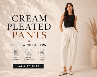 Schnittmuster für cremefarbene Faltenhose, hochtaillierte, schmal zulaufende Hose (PDF), Größen XS–3XL
