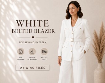 Schnittmuster für einen weißen Blazer mit Gürtel | Maßgeschneiderte Jacke (PDF, Größen XS-3XL)