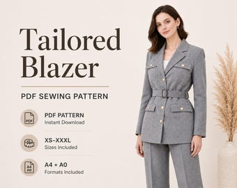 Tailored Blazer Sewing Pattern PDF Fitted Jacket Women XS-XXXL A4 A0