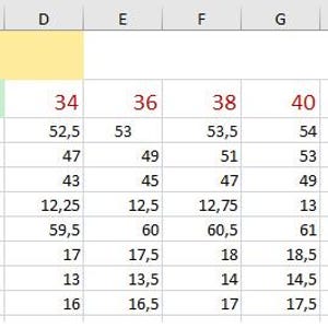 May include: A sizing chart for Jacket 505 displayed in a spreadsheet format. The table lists measurements in centimeters for sizes 34 through 46, including center back length, chest width, bottom width, shoulder width, sleeve length, and neckline.