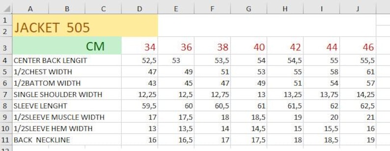 May include: A sizing chart for Jacket 505 displayed in a spreadsheet format. The table lists measurements in centimeters for sizes 34 through 46, including center back length, chest width, bottom width, shoulder width, sleeve length, and neckline.