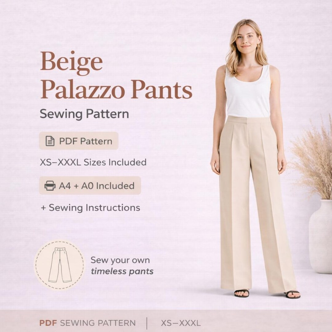 Beige Palazzo Pants Sewing Pattern PDF Wide Leg Pants A4 A0 High Waist ...