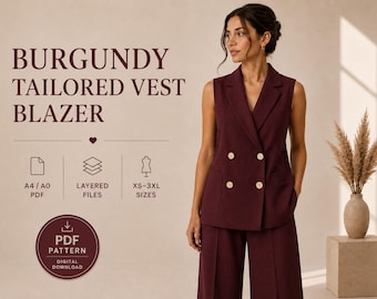 Burgundy maßgeschneiderte Weste Schnittmuster PDF, zweireihige Weste Blazer, XS-3XL