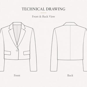 May include: A black and white technical drawing of a cropped blazer showing the front and back views. The front view features a notched lapel, a single button closure, and two flap pockets. The back view displays a plain, straight-cut design.