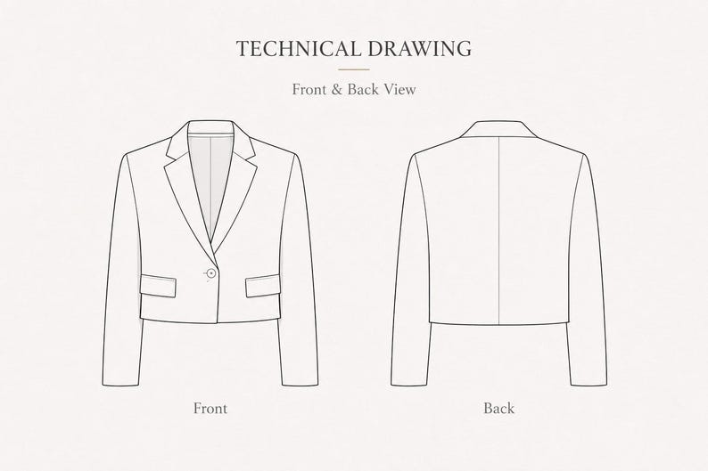 May include: A black and white technical drawing of a cropped blazer showing the front and back views. The front view features a notched lapel, a single button closure, and two flap pockets. The back view displays a plain, straight-cut design.