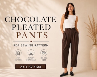 Schnittmuster für eine plissierte Hose in Schokoladenbraun, hochtaillierte, schmal zulaufende Hose (PDF), Größen XS–3XL