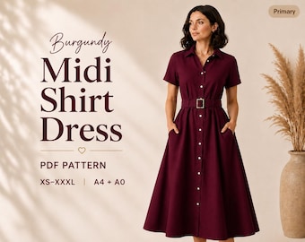 Schnittmuster für ein burgunderfarbenes Midi-Hemdkleid | A-Linien-Schnitt mit Gürtel (PDF, Größen XS-XXXL)