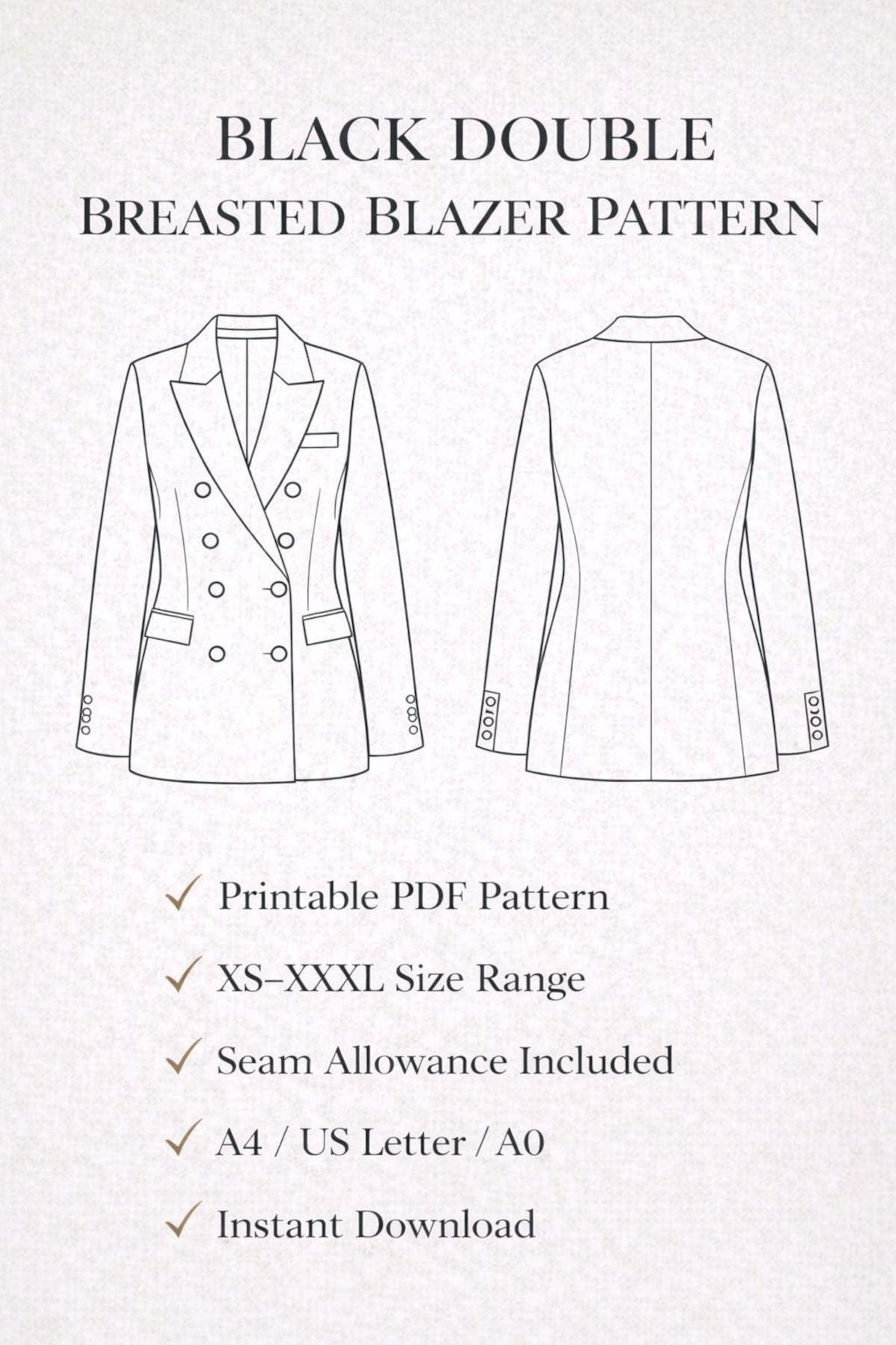 Black Double Breasted Blazer Sewing Pattern | Tailored Jacket PDF (XS ...