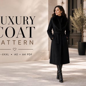 May include: A woman wearing a long black coat with a faux fur collar and a matching belt. The coat is part of a "LUXURY COAT PATTERN" design, available in sizes XS-XXXL, A0, and A4 PDF.