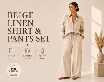 Beige Leinenhemd & Hose Set PDF-Schnittmuster, lässiges zweiteiliges Outfit (Digitaler Download)
