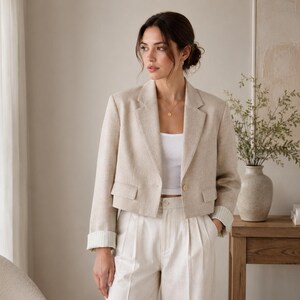 May include: A cropped beige blazer featuring a single-button closure, notched lapels, and two front flap pockets. The long sleeves have turned-up cuffs revealing a white striped lining, worn over a plain white tank top and white trousers.