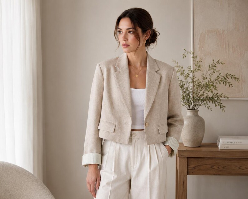 May include: A cropped beige blazer featuring a single-button closure, notched lapels, and two front flap pockets. The long sleeves have turned-up cuffs revealing a white striped lining, worn over a plain white tank top and white trousers.