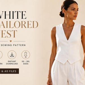 May include: A white tailored vest PDF sewing pattern featuring text that reads WHITE TAILORED VEST, PDF SEWING PATTERN, PDF PATTERN, INSTANT DOWNLOAD, XS-3XL SIZES, and A4 & A0 FILES. The vest has a V-neckline and a front button closure.