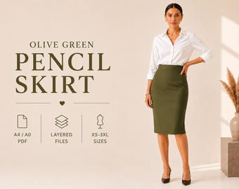 Schnittmuster für einen olivgrünen Bleistiftrock | Midirock mit hoher Taille (digitale PDF-Datei, Größen XS-3XL)