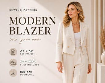 Tailored Cropped Blazer Sewing Pattern | Double Breasted Jacket PDF (XS-XXXL)