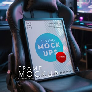 May include: A black framed poster mockup with the text "LIVING MOCK UPS" in a blue circle and "FRAME MOCKUP" at the bottom. The poster is propped on a black leather chair.
