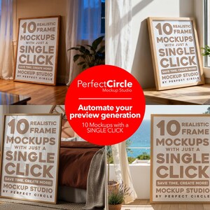 May include: Multiple framed mockups with the text "10 Realistic Frame Mockups with Just a Single Click" are displayed in various settings. The frames have a light wood finish. The image also includes a red circle with the text "PerfectCircle Mockup Studio".